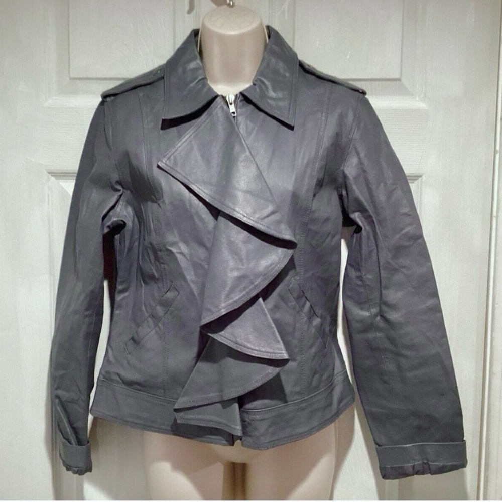 Gray Leather Ruffle Front Jacket size 12